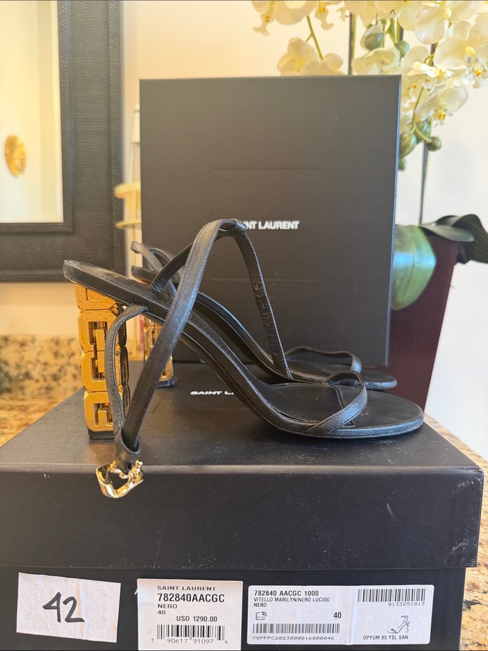 Saint Laurent Black Leather Strappy Heels with Gold Architectural Heel